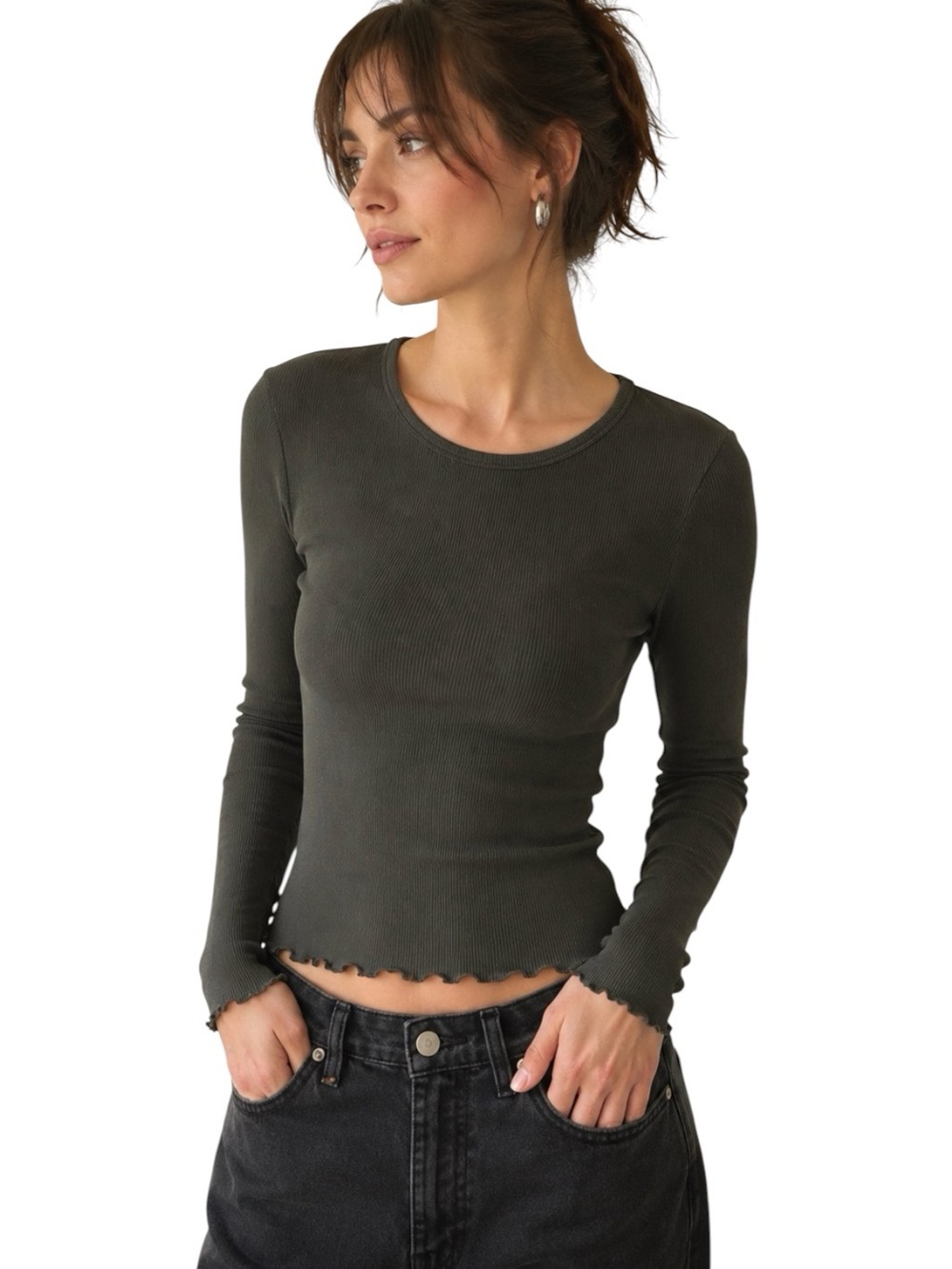 Known Supply Organic Cotton Ribbed Knit Long Sleeve T-shirt Lettuce Hem Green L